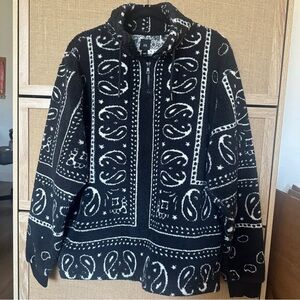 River Island Black Bandana Paisley Print Fleece Pullover Quarter Zip large